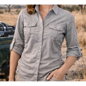 TRUE GRIT Gray Tab Sleeve Utility Shirt w/ Stretch Ribbed Side Panels Sz L